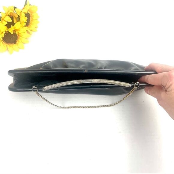 VTG 70s Black Vinyl Clutch Evening Bag Chain Strap - Picture 10 of 15